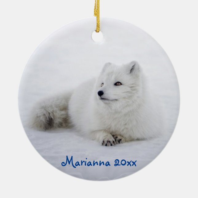 Cute White Arctic Fox in Snow Ceramic Ornament (Back)