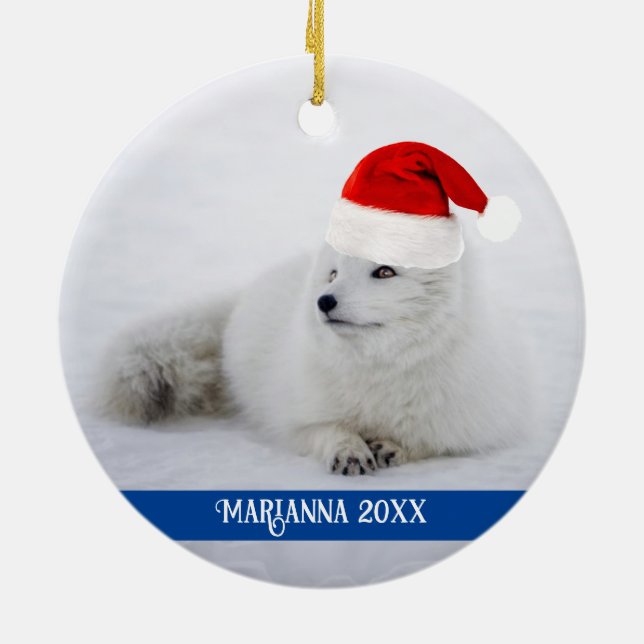 Cute White Arctic Fox in Snow  Ceramic Ornament (Back)