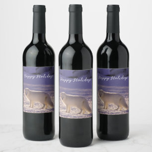 Cute White Arctic Fox Snow Winter Photography Wine Label