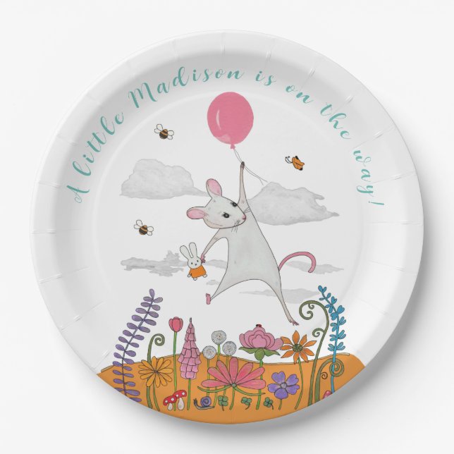 Cute white baby mouse with balloon baby shower  paper plate (Front)