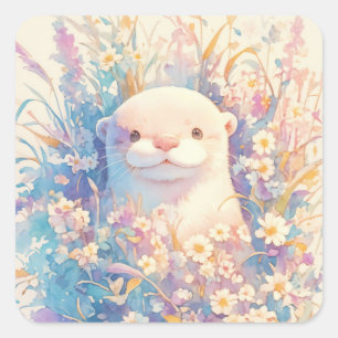 Cute White Baby Otter Peeking Through Flowers Square Sticker