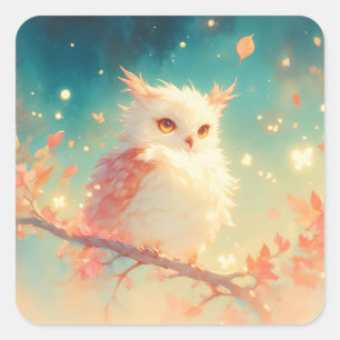 Cute White Baby Owl Perched on Tree Branch Square Sticker
