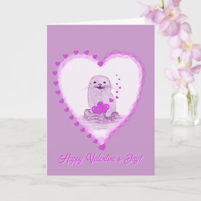 Cute White Baby Sea Otter , Happy Valentines Day Card (Orchid)