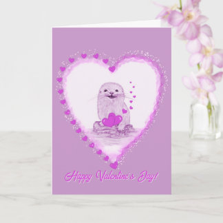 Cute White Baby Sea Otter , Happy Valentines Day Card