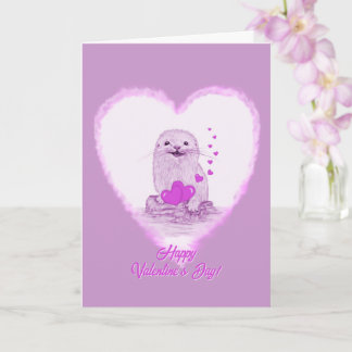 Cute White Baby Sea Otter , Happy Valentines Day Card