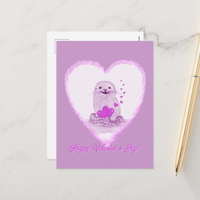 Cute White Baby Sea Otter , Happy Valentines Day Holiday Postcard (Front/Back In Situ)