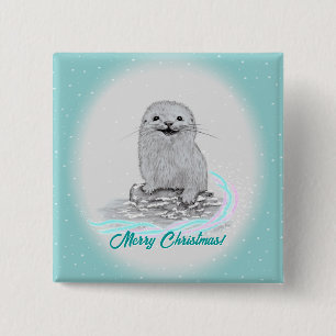 Cute White Baby Sea Otter , Merry Christmas 15 Cm Square Badge
