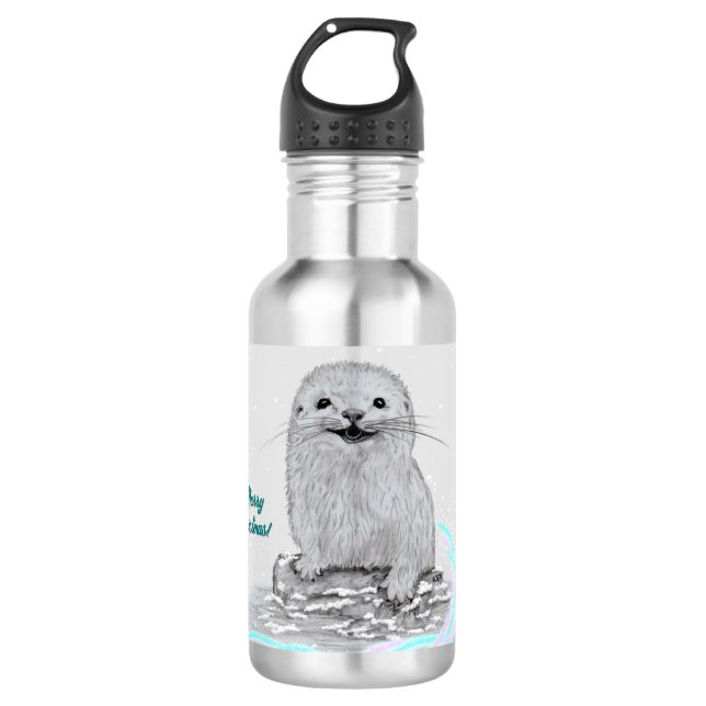 Cute White Baby Sea Otter , Merry Christmas 532 Ml Water Bottle (Front)