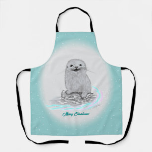 Cute White Baby Sea Otter , Merry Christmas Apron