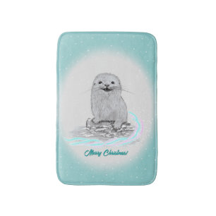 Cute White Baby Sea Otter , Merry Christmas Bath Mat
