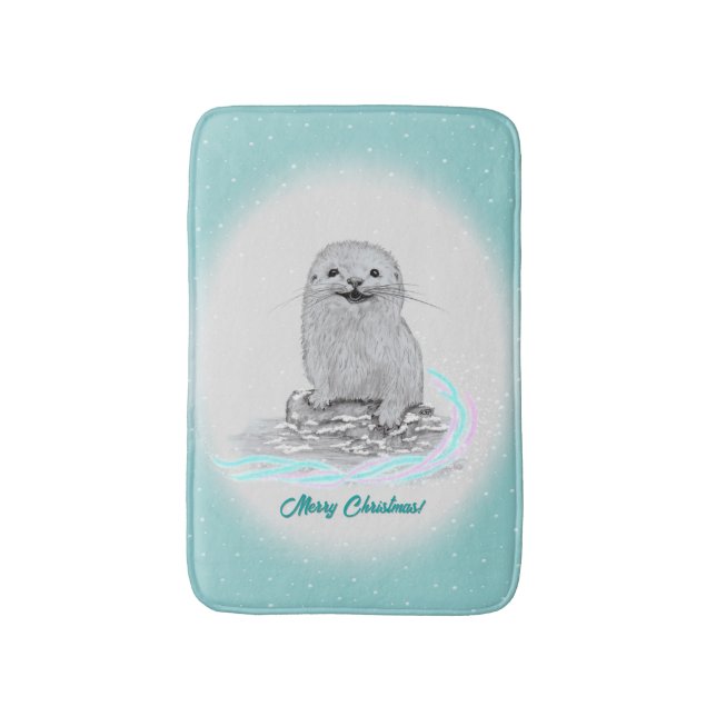 Cute White Baby Sea Otter , Merry Christmas Bath Mat (Front Vertical)