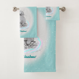 Cute White Baby Sea Otter , Merry Christmas Bath Towel Set