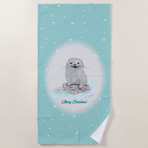 Cute White Baby Sea Otter , Merry Christmas Beach Towel