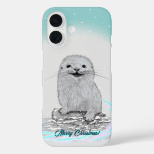 Cute White Baby Sea Otter , Merry Christmas iPhone 16 Case