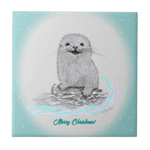 Cute White Baby Sea Otter , Merry Christmas Ceramic Tile