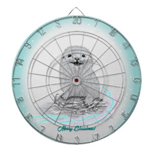 Cute White Baby Sea Otter , Merry Christmas Dartboard