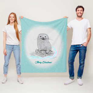 Cute White Baby Sea Otter , Merry Christmas Fleece Blanket