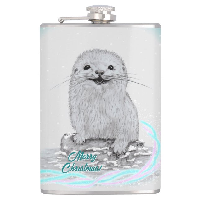 Cute White Baby Sea Otter , Merry Christmas Hip Flask (Front)