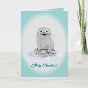 Cute White Baby Sea Otter , Merry Christmas Holiday Card