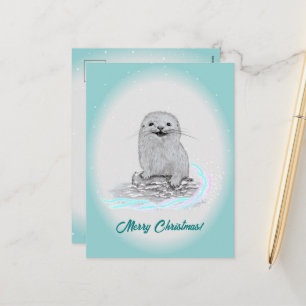 Cute White Baby Sea Otter , Merry Christmas Holiday Postcard