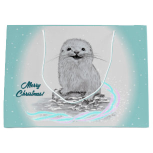 Cute White Baby Sea Otter , Merry Christmas Large Gift Bag