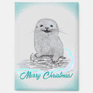 Cute White Baby Sea Otter , Merry Christmas Magnet