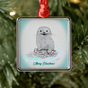 Cute White Baby Sea Otter , Merry Christmas Metal Ornament