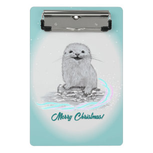 Cute White Baby Sea Otter , Merry Christmas Mini Clipboard