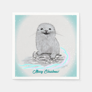 Cute White Baby Sea Otter , Merry Christmas Napkin