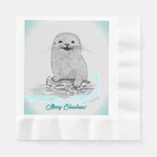 Cute White Baby Sea Otter , Merry Christmas Napkin