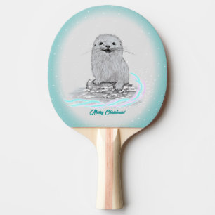 Cute White Baby Sea Otter , Merry Christmas Ping Pong Paddle