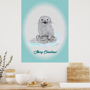 Cute White Baby Sea Otter , Merry Christmas Poster
