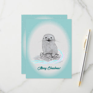 Cute White Baby Sea Otter , Merry Christmas RSVP Card