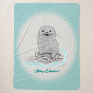 Cute White Baby Sea Otter , Merry Christmas Sherpa Blanket