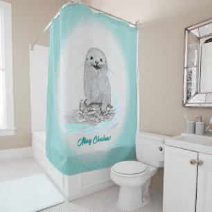 Cute White Baby Sea Otter , Merry Christmas Shower Curtain