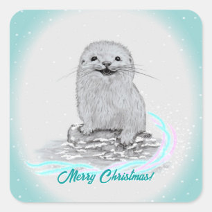 Cute White Baby Sea Otter , Merry Christmas Square Sticker