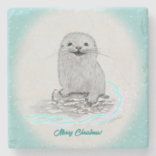 Cute White Baby Sea Otter , Merry Christmas Stone Coaster