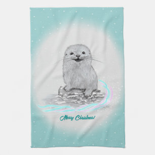 Cute White Baby Sea Otter , Merry Christmas Tea Towel