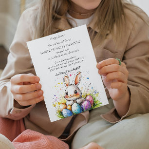 Cute white banny holding eggs and Eggs Hunt Invitation