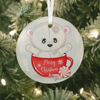 Cute White Bear in Mug Merry Christmas Glass Tree Decoration