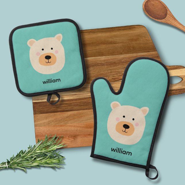 Cute white bear oven mitt & pot holder set (White polar bear kids oven glove mitt set with personalized name)
