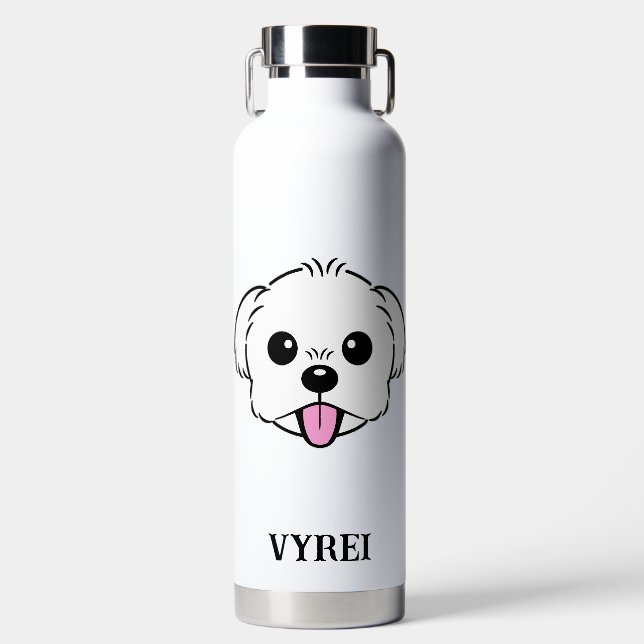 Cute White Bichon Frise Dog Sticking Tongue Out Water Bottle (Front)