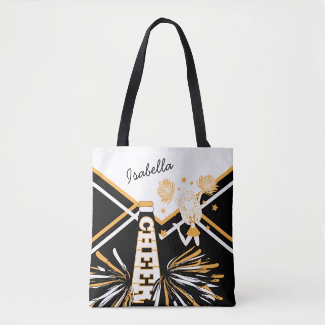 Cute White, Black and Gold Cheerleader Design Tote Bag (Front)