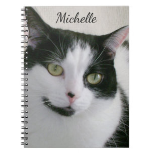 Cute White Black Cat Photo Personalised Name  Notebook