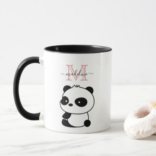 Cute White Black Panda Modern Pink Monogram Mug