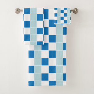 Cute White Blue Checkerboard Bath Towel Set
