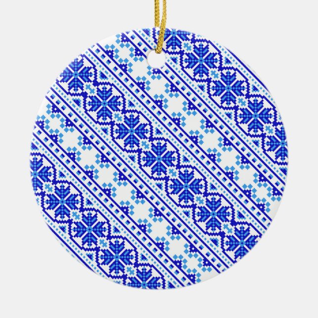 Cute white blue decorative ukrainian stripes ceramic ornament (Front)