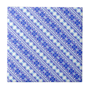 Cute white blue decorative ukrainian stripes ceramic tile