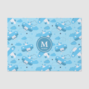 Cute White & Blue Planes and Clouds Kids Monogram Tissue Paper