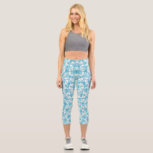 Cute white blue seamless spring flowers patterns capri leggings
